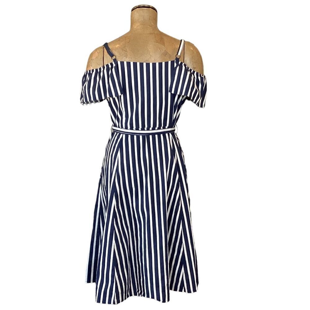 City Chic Stripe Affair Dress Button Front Tie-Waist Off Shoulder XXS/12 #267F - Picture 5 of 9